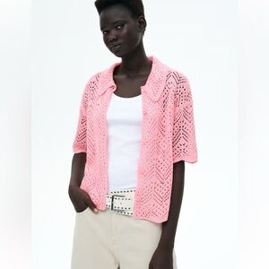 H&M Pink Short Sleeve Pointelle Knit Cardigan Sweater New With Tags Size XXL